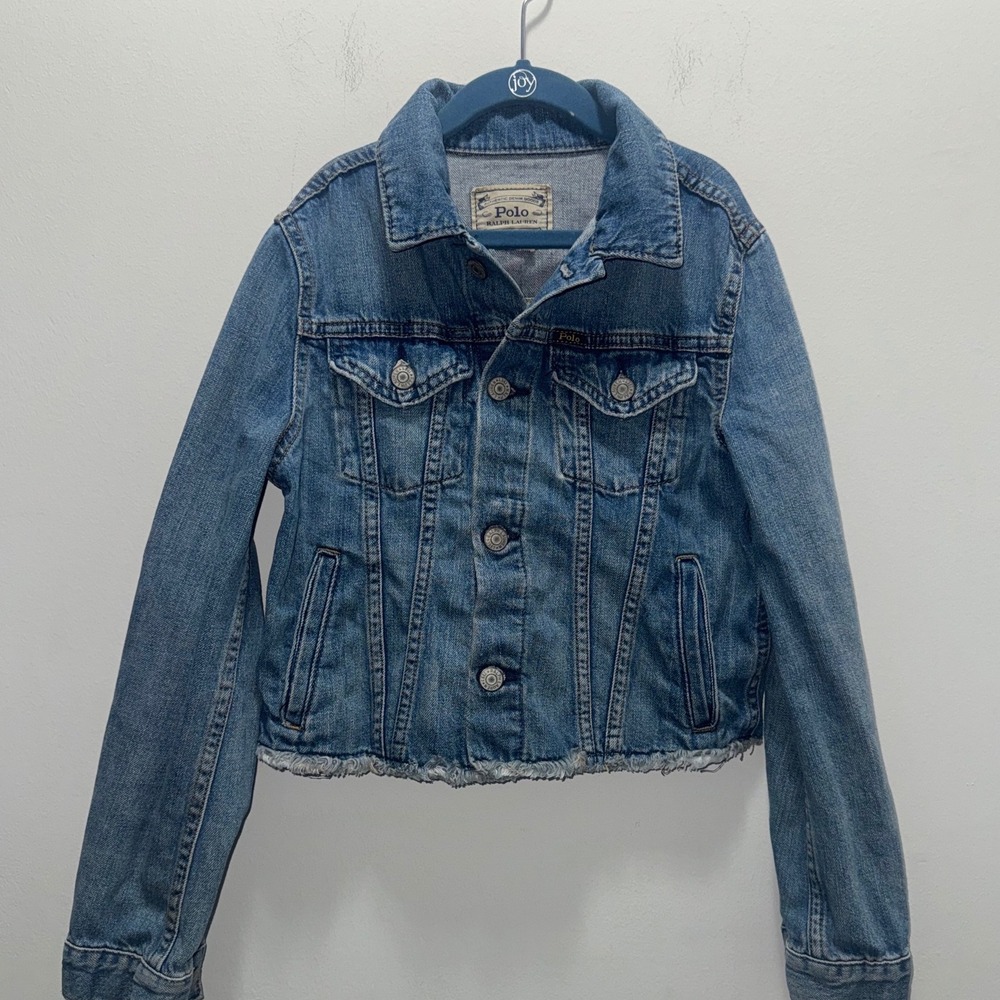 Polo Ralph Lauren Girls Denim Jacket Medium Wash Cropped Frayed Hem Size 12